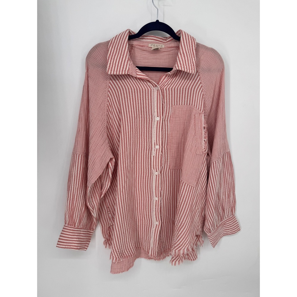Torrid Festi Button Up Tunic Womens 1X Old Rose NWT Frayed Mix Stripe Relaxed